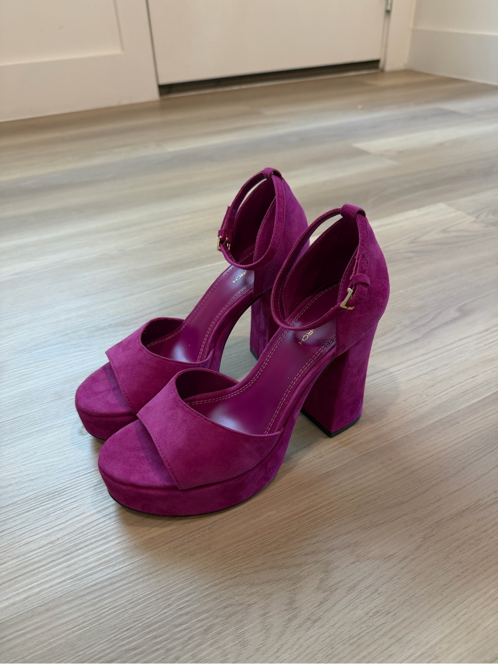 Tory Burch Magenta Suede Platform Block Heels with Ankle Strap